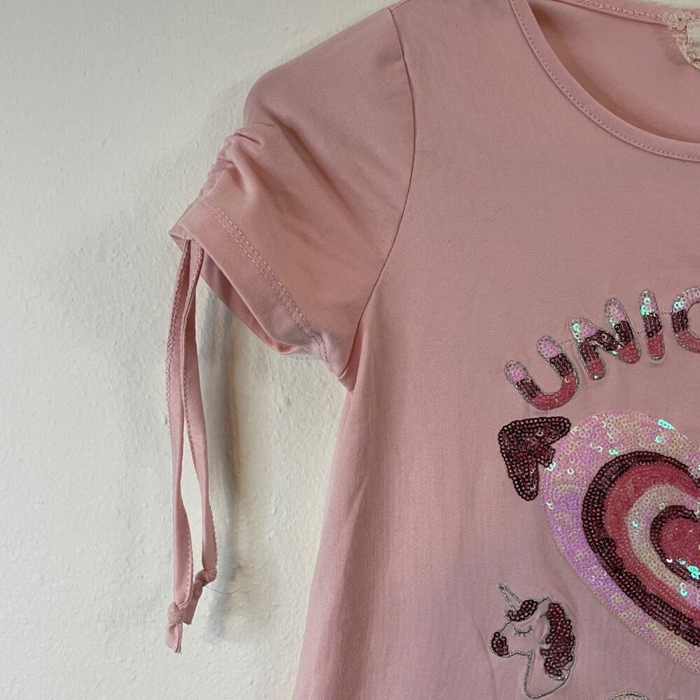 Btween Girls Pink Unicorn Club Sequin Tie-Sleeve T-Shirt Size 10 - Picture 5 of 11
